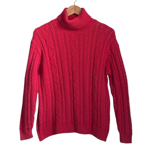 Y2K Vintage Wainscott Women S  Red Cable Knit Turtleneck Sweater Fisherman - Picture 1 of 8